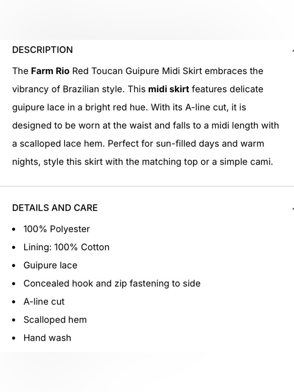 New FARM Rio Toucan Guipure Crochet Red Lace Midi Skirt Medium Cocktail Party - Picture 14 of 16